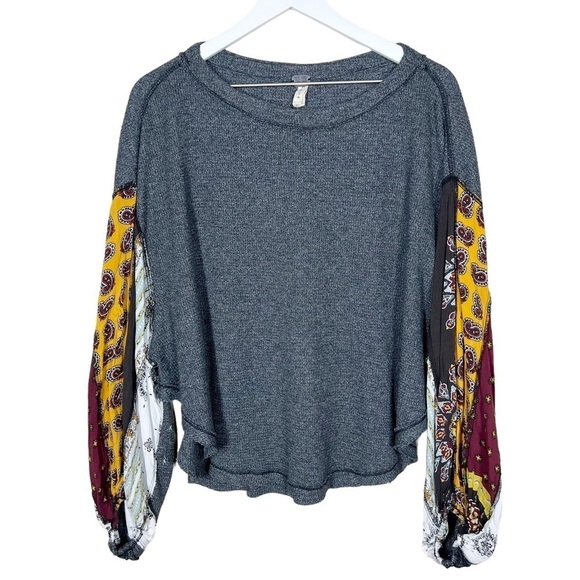 Free People Blossom Thermal Sweater Top in Paisley Floral Gray Size Small Boho - Picture 3 of 8